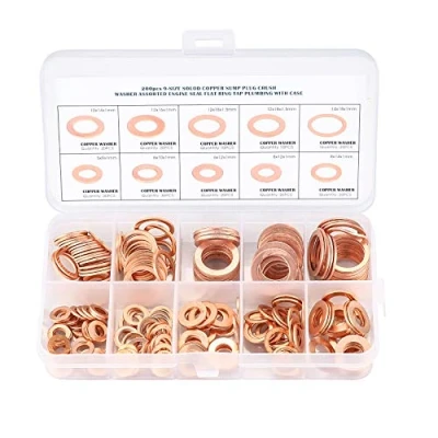 Imagen de Arandela de Cobre, Plana Kit Surtido Sellos Anillo Plano para Junta, Accesorios Hidráulicos Tapones Sumideros Agua Combustible 200 Pcs/ M5 M6 M8 M10 M12 M14
