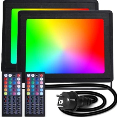 Imagen de Aigostar Foco LED RGB exterior con Enchufe,50W, 2 piezas,con mando a distancia,RGB:iluminación de colores,6 modos funcionamiento.Iluminación regulable,temporizador.Uso interior y IP65