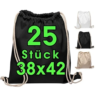 Imagen de ELES VIDA bolsa de gimnasia algodón 25 piezas deportiva 38 x 42 cm algodón, yute OEKO TEX® tela certificada compras Gym Sac Sack para pintura (negro)