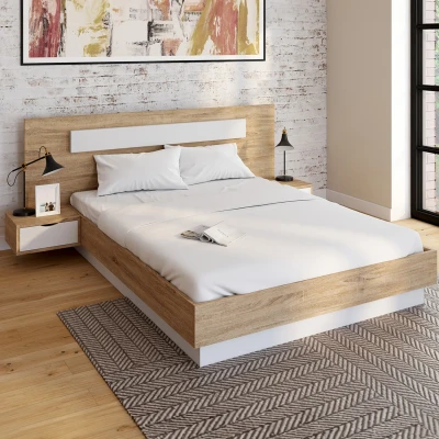 Imagen de lit double 140x190 bois et blanc avec tête de chevets
