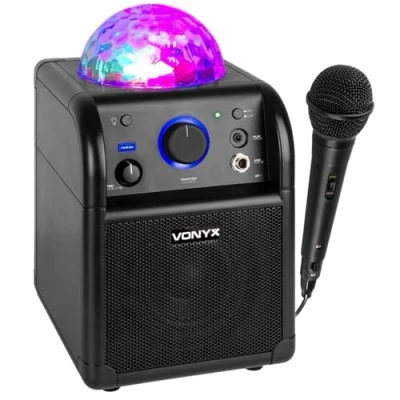 Imagen de Vonyx SBS50B Altavoz portátil Set de Karaoke para Fiesta con micrófono y Efecto Eco, Bluetooth, Bola Discoteca Efectos Luces LED, Entrada Auxiliar Negro