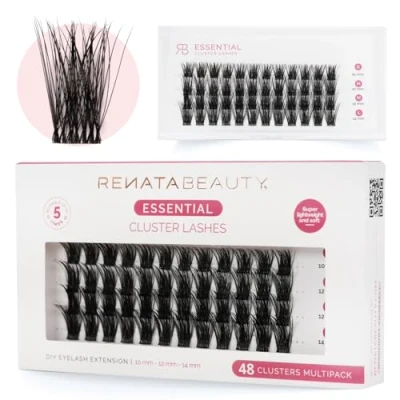 Imagen de Renata Beauty Pestañas Essential Multipack 48 Cluster para Extensión de DIY en Casa Suaves y Reutilizables Banda Transparente Ultrafina Extensiones Abanico