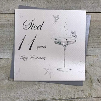 Imagen de WHITE COTTON CARDS Coupe Glass BD111C Tarjeta de Aniversario Hecha a Mano con Texto Happy Anniversary &#039;Steel&#039; 11 Years, Color Blanco