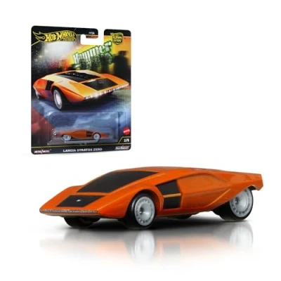 Imagen de Hot Wheels Premium Car Culture Lancia Stratos Zero Coche de juguete metálico coleccionable a escala 1:64 Vehículo Hammer Drop con neumáticos Real Riders, HRV77