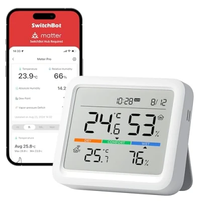Imagen de SwitchBot Estación Meteorológica para Hogar, WiFi Higrómetro Termómetro Inalámbrico de Pantalla Grande, Monitor Temperatura/Humedad con Fecha, Alertas y Previsión Meteorológica, 120m Bluetooth