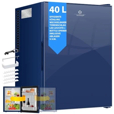 Imagen de KESSER® Mini Frigorífico con Puerta de Cristal, Minibar 40 litros, 22dB, Cambio del Sentido Apertura la Puerta, 6 12C Altura 57cm, Iluminación [Clase eficiencia energética F] Azul Marino