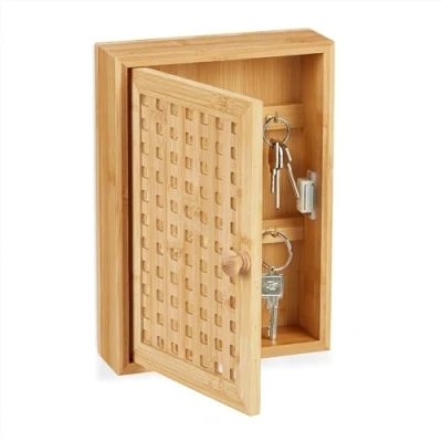 Imagen de Relaxdays Caja para Llaves, Bambú, 8 Ganchos, 27 x 19 7,5 cm, Organización Llaveros Pasillo, Armarito Entrada, Natural