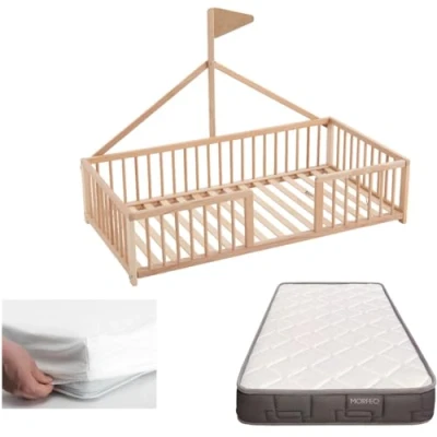 Imagen de COOL · DREAMS Cama Montessori 140x70. Infantil con colchón Top Ventas Morfeo y Protector de colchón. Madera Haya Apache Wonderland Nature CoolDreams