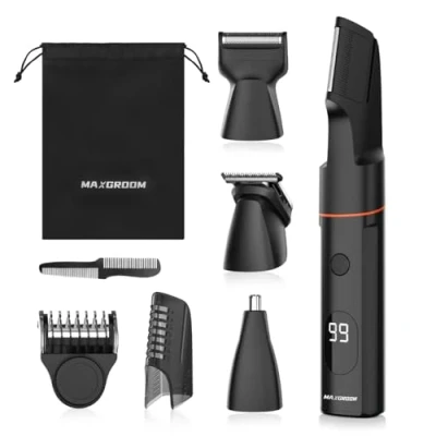 Imagen de MAXGROOM recortadora de vello corporal 4 en 1 para hombres, inguinal y púbico hombre, kit impermeable con peine límite ajustable cabezal corte forma