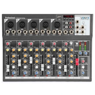 Imagen de Vonyx VMM F701 Mesa de mezclas 7 canales con USB, 5 entrada micrófono jack/XLR, 2 entradas Jack, salida máster Bluetooth, phantom +48v, auriculares, efecto delay
