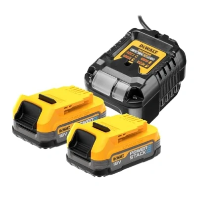 Imagen de DEWALT DCB1102E2 QW Kit de baterías 18V Powerstack 1,7 Ah, Tecnología innovadora celdas tipo bolsa, Indicador capacidad a través LEDs, Incluye 2 y cargador