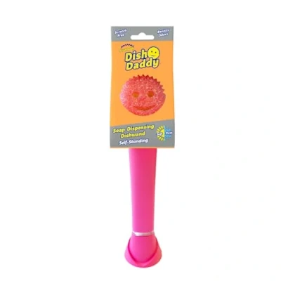 Imagen de Scrub Daddy Dish cepillo de vajilla con depósito, esponja rascadora FlexTexture, mango integrado dispensador líquido vajilla, y soporte soporte, color rosa