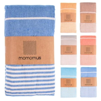 Imagen de MOMOMUS Fouta Playa XXL, con Flecos y 100% Algodón Ideal como Toalla de Grande Antiarena, Manta Picnic sin Arena, Pareo Gigante o Alfombra Piscina Azul, 210x240 cm
