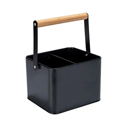 Imagen de WENKO cesta de utensilios Baco, accesorio Black Outdoor Kitchen, transporte robusta fabricada metal negro recubierto polvo y asa madera flexible, ideal para salsas, 18 x 25,5 15 cm