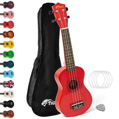 Imagen de Tiger UKE7 Ukelele soprano para principiantes, incluye funda, púa de fieltro, juego cuerdas repuesto , ahora equipado con Aquila,Rojo
