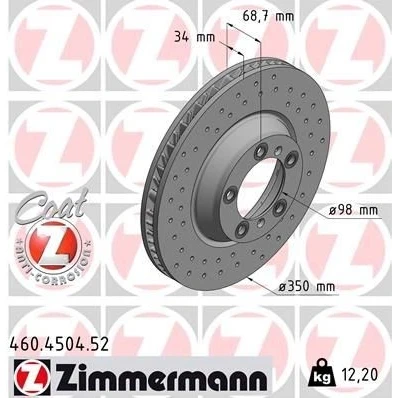 Imagen de ZIMMERMANN 460.4504.52 Disco de freno 350 34 7/5 5 130 ventilación interna, perforado revestido altamente carbonizado