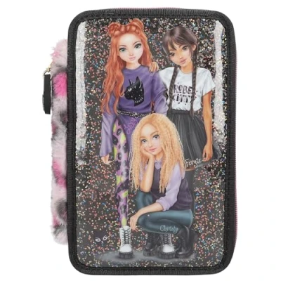 Imagen de Depesche 13017 TOPModel Rebel Kitty estuche de 3 compartimentos en color negro, con motivo modelo, purpurina y piel leo, lápices colores, regla, tijeras mucho más.
