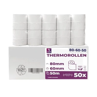 Imagen de Rollos térmicos de 80 mm x 60 12 mm, para caja registradora con impresora recibos, papel térmico, sin BPA (50 rollos)