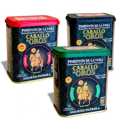 Imagen de Caballo de Oros Pimentón la Vera D.O.P. Pack tres sabores, Dulce, Agridulce y Picante 75 g