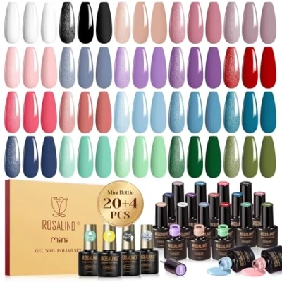 Imagen de ROSALIND Esmaltes Semipermanentes Para Uñas, 24 Piezas Blanco Negro Rosa Morado Rojo Azul Verde Colores Semipermanente, UV/LED Pintauñas Nail Art Manicure Regalo