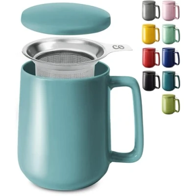 Imagen de Cosumy Taza de Te con Filtro y Tapa 500ml Ceramica Azul Aqua Mantiene Caliente la Infusion Apta para Lavavajillas