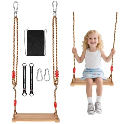 Imagen de WUSUPU Columpio de Madera,Columpios Infantiles,Columpio Trapecio,JardíN Exterior NiñOs Antideslizante Columpios Infantiles Exterior,Altura Ajustable para Interiores e Exteriores,hasta 100kg