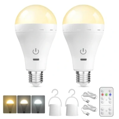 Imagen de BrightArk Bombilla Recargable USB, E27 LED con Mando, Función de Tiempo, 3 Temperaturas Color Luz Emergencia para Hogar y Exterior (2 Pieza)