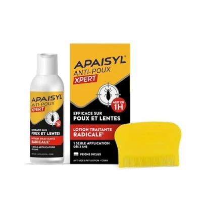 Imagen de APAISYL, loción antipiojos Xpert, mata al 100% de piojos y liendres en 1 hora, sola aplicación, microemulsión patentada, peine offert, 100 ml