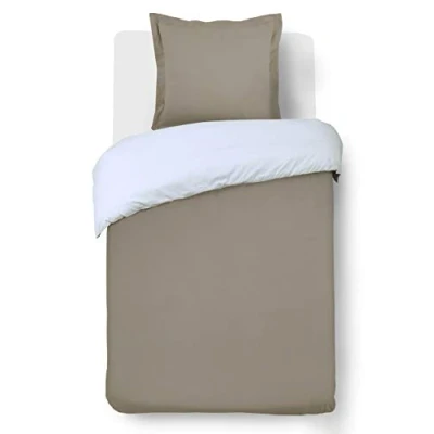 Imagen de VISION Juego de Cama Reversible Bicolor Gris Topo/Blanco Funda nórdica 140 x 200 cm con 1 Almohada Individual 100% algodón