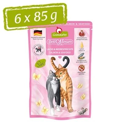 Imagen de GranataPet Delicatessen Salmón y Mariscos Comida Húmeda para Gatos Gourmets, Alimento Sin Cereales Azúcares Aditivos, 6 x 85 g