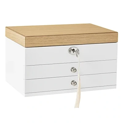 Imagen de SONGMICS Caja Joyero, de Joyas 3 Niveles con Espejo Grande, 2 Cajones, Cerradura, Regalo para Seres Queridos, Anillos, Pendientes, Pulseras, Collares, Blanco y Grano Madera JOW15WN