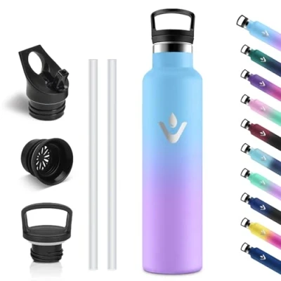 Imagen de Vikastar Botella Termica, 1 Litro sin BPA, Agua Acero Inoxidable, a Prueba de Fugas, Cantimplora, Reutilizable, para Deporte, Oficina, Ciclismo, Gimnasio, Azul Cielo &amp; Morado