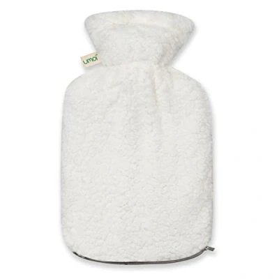 Imagen de Botella de agua caliente 2 litros caucho natural con funda peluche forro extra y cremallera, bolsa cama, certificado BS1970:2012 (Blanco)
