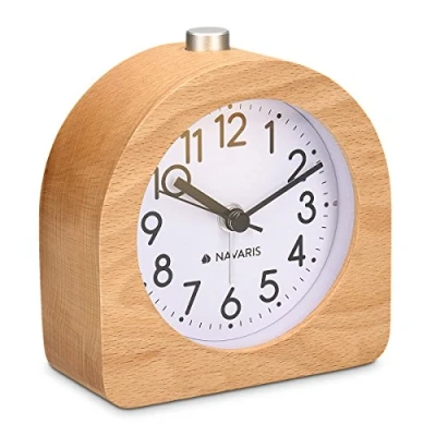 Imagen de Navaris Despertador Analógico de Madera Reloj con Pilas Función Snooze Diseño Retro y Silencioso sin Tic TAC