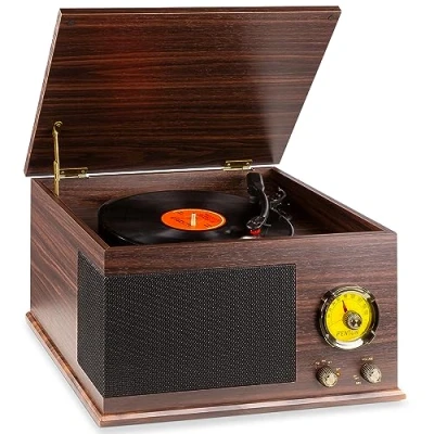 Imagen de Fenton RP173 Giradiscos Tocadiscos Vintage Diseño Retro, con USB para conversión de vinilos a MP3, Bluetooth, Radio FM, 33, 45 y 78 RPM, Salida RCA Altavoces Integrados Marrón