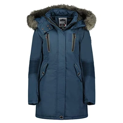 Imagen de Geographical Norway Coraly Lady Distribrands Abrigo de invierno cálido Chaqueta manga larga Cuello piel sintética elegante moda casual (Marino, XXL)