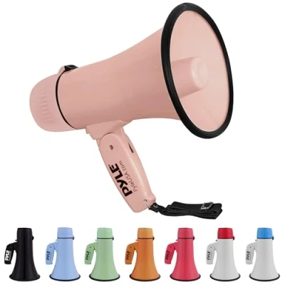 Imagen de Pyle PMPRA213PK Lightweight and Portable Bullhorn Megaphone, Aux (3.5mm) Input for MP3/Music, Automatic Siren, 20 Watt, Mic/Talk (Pink), Unisex Adult, One Size