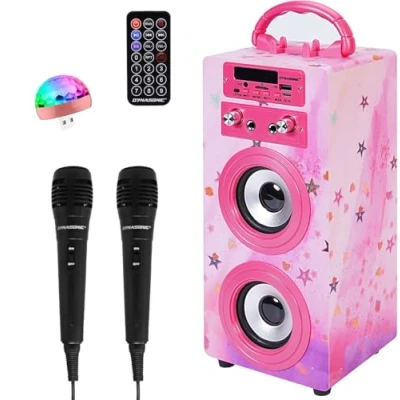 Imagen de Máquina de Karaoke Portátil DYNASONIC, Altavoz con 2 Micrófonos, Bluetooth, Luz USB incluida, Lector y SD, diseño Exclusivo, Regalo Original (025 15 luz)