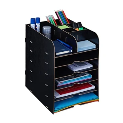 Imagen de Relaxdays Organizador Escritorio con Bandejas de Documentos, 12 Compartimentos, 34,5 x 25 32 cm, MDF, Color Negro, Tablero Fibras