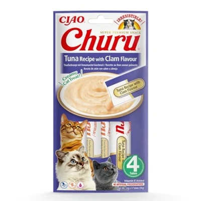 Imagen de INABA Churu Premios para Gatos Snacks Saludables Atún y Almeja Textura Cremosa Sin Cereales, Conservantes, Colorantes Sólo 6 Cal 4x14g (56g)