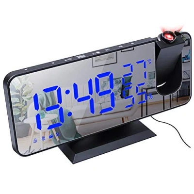 Imagen de Reloj Despertador Digital, Radio Proyector, de Espejo Moda con Alarma Dual, 4 Brillo Pantalla Ajustable, 8 Pantalla, Rotación 180 , Cable USB 1.5 m, FM