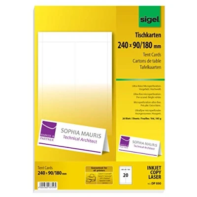 Imagen de SIGEL DP050 20 Tarjetas de colocación precortadas, 240 x 90 mm, 185 g / m², blanco