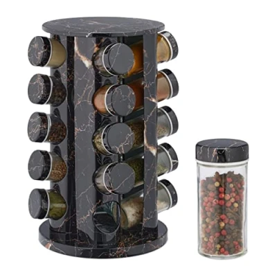 Imagen de Relaxdays Especiero Giratorio con 20 Botes, Dosificadores, Rotatorio, Tarros Rellenables, Efecto Mármol, Negro, Acero Inoxidable, 33,5 x 19,5 cm