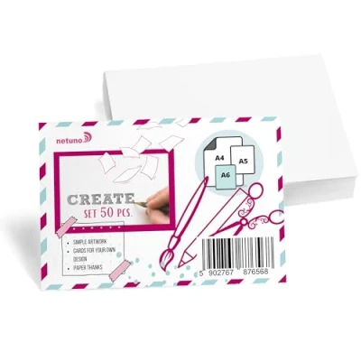 Imagen de Netuno 50 unidades de cartón Bristol blanco DIN A6, 105 x 148 mm, 250 g, tarjetas blancas juego en blanco, papel para manualidades, grueso, dibujo,