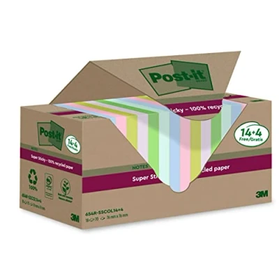 Imagen de Post it Super Sticky Notas Recicladas, 14 blocs/paquete + 4 GRATIS, 70 Hojas por Bloc, 76 mm x mm, Rosa, Verde, Azul, Morado, Amarillo Extra Adhesivas Fabricadas con Papel 100% Reciclado
