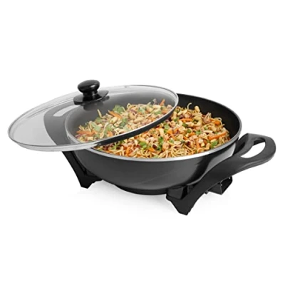 Imagen de Tristar PZ 9130 Wok eléctrico, uso versátil, 33 cm de diámetro, 4,5 L capacidad, libre BPA, 240⁰ C temperatura máxima, termostato regulable, tapa cristal, 1500 W