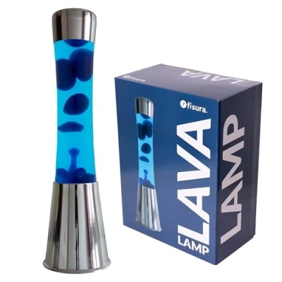 Imagen de FISURA Lámpara de lava azul. Base plateada cromada, líquido azul y efecto relajante. Con bombilla repuesto. 11 cm x 11cm 39,5 cm.