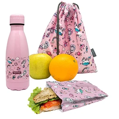 Imagen de NERTHUS FIH 1025 SET Botella Doble Pared Acero Inox + Bolsa Sandwich Mochila Unicornios