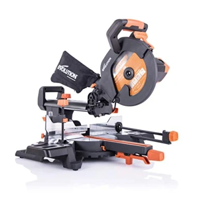 Imagen de Evolution Power Tools R255SMS Sierra ingletadora Deslizante multimaterial, con Paquete Plus, Corta acero dulce, aluminio, plástico, madera clavos incrustados 230 V, 255 mm