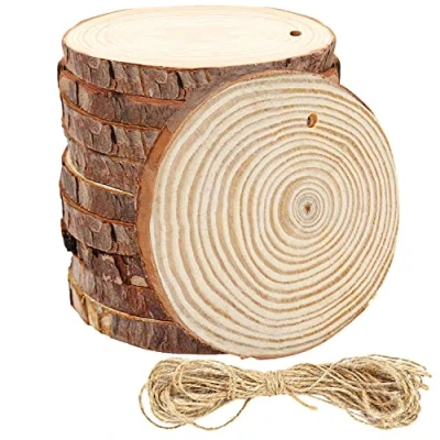 Imagen de Kurtzy Set de 10 Rodajas Madera para Manualidades con Agujero y Cuerda a 12 cm Diámetro, mm Grosor Troncos Decoracion Rústica Corteza Adornos Colgantes Navidad